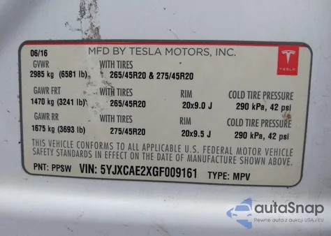 2016 Tesla Model X 60D/70D/75D/90D from USA, damaged, VIN 5YJXCAE2XGF009161